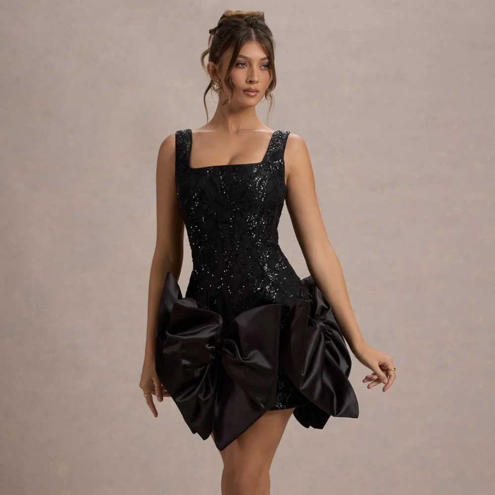 Club L London Black Asymmetrical Ruffled Mini Dress